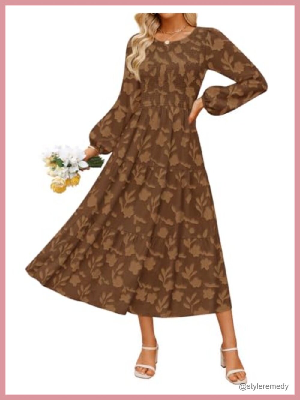 ZESICA Womens Fall Wedding Guest Boho Midi Dress Long Sleeve Floral A-Line